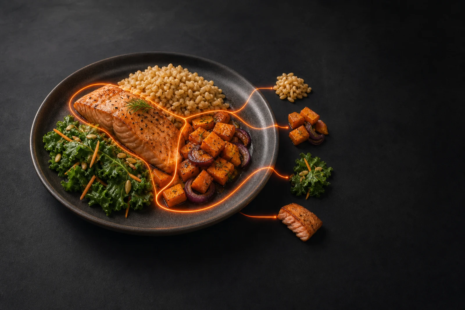 A salmon meal separated into its visible ingredients by a single orange contour
