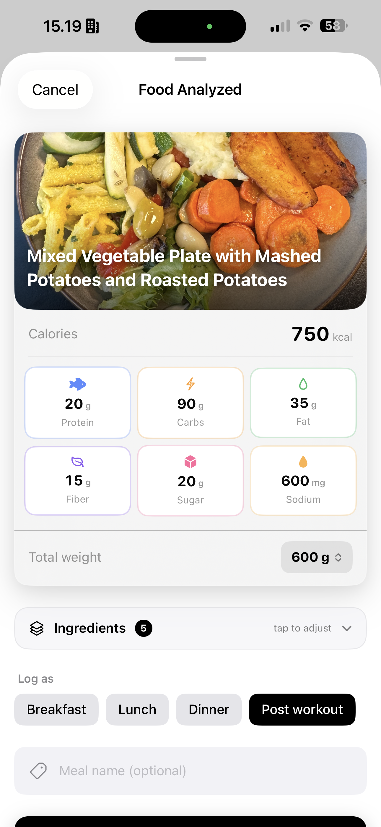 Food analyzed — 750 kcal, 7 macros